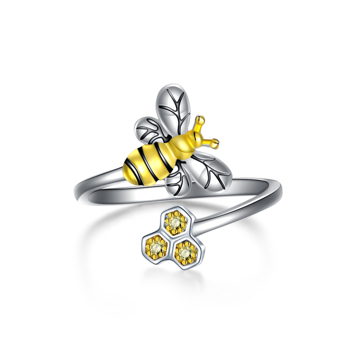 Sterling Silver Two-tone Cubic Zirconia Bee Open Ring-1