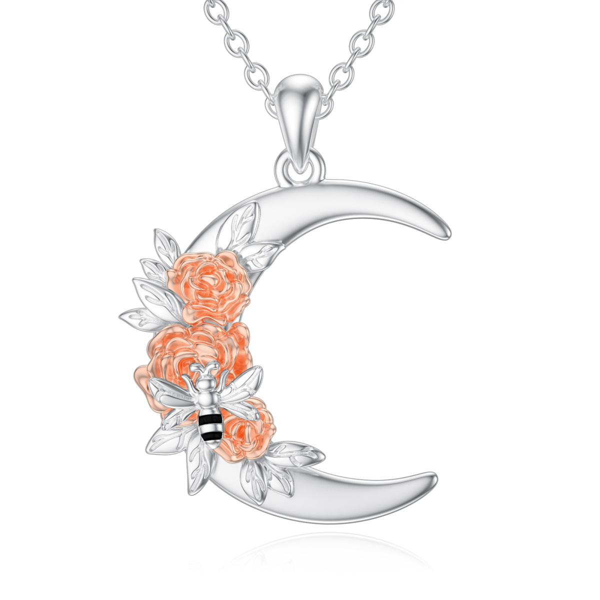 Sterling Silver Two-tone Bee & Peony Flower & Moon Pendant Necklace-1