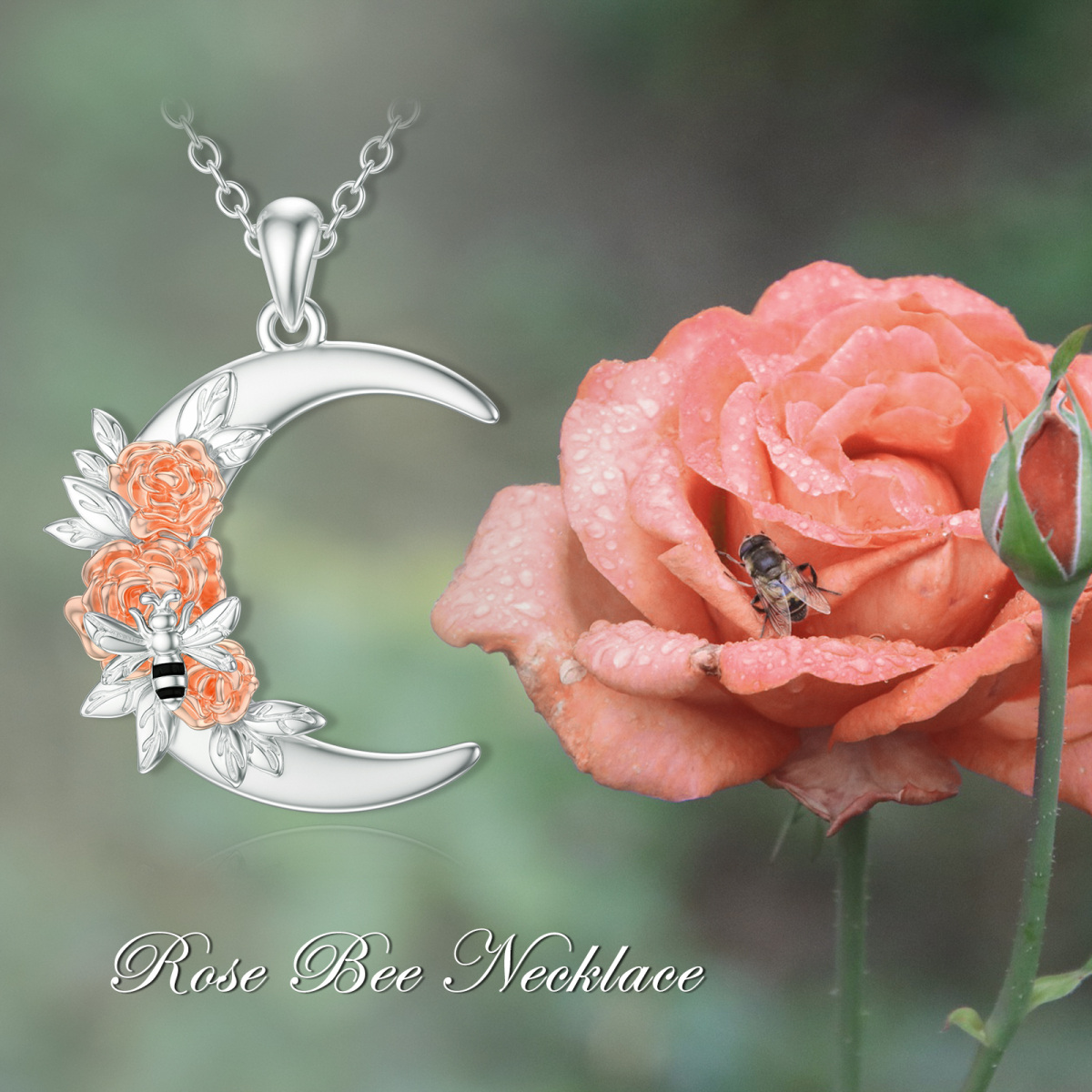 Sterling Silver Two-tone Bee & Peony Flower & Moon Pendant Necklace-2