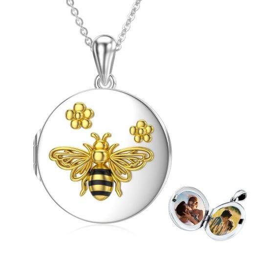 Sterling Silver Two-tone Bee Personalized Photo Locket Necklace