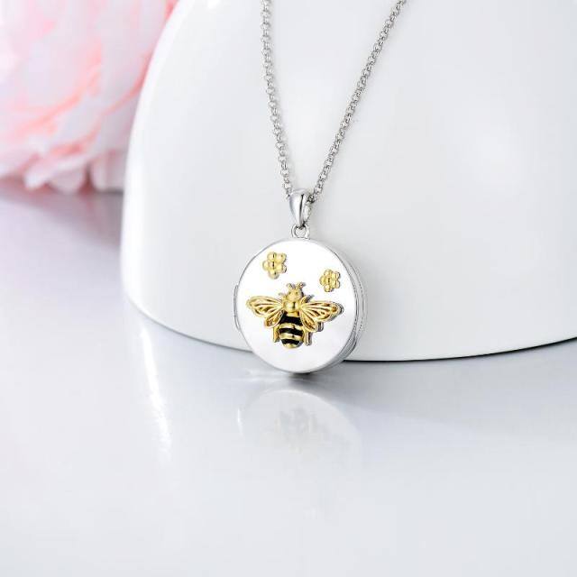 Sterling Silver Two-tone Bee Personalized Photo Locket Necklace-3