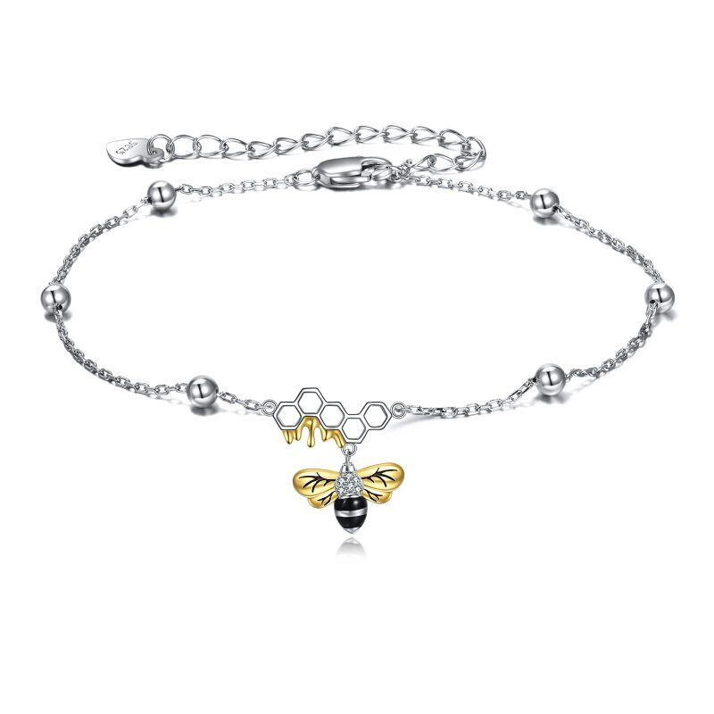 Sterling Silver Two-tone Cubic Zirconia Bee Single Layer Anklet-3