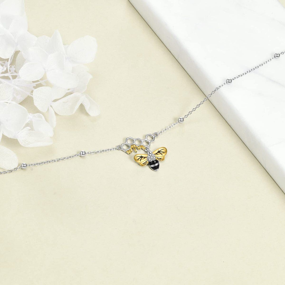 Sterling Silver Two-tone Cubic Zirconia Bee Single Layer Anklet-4