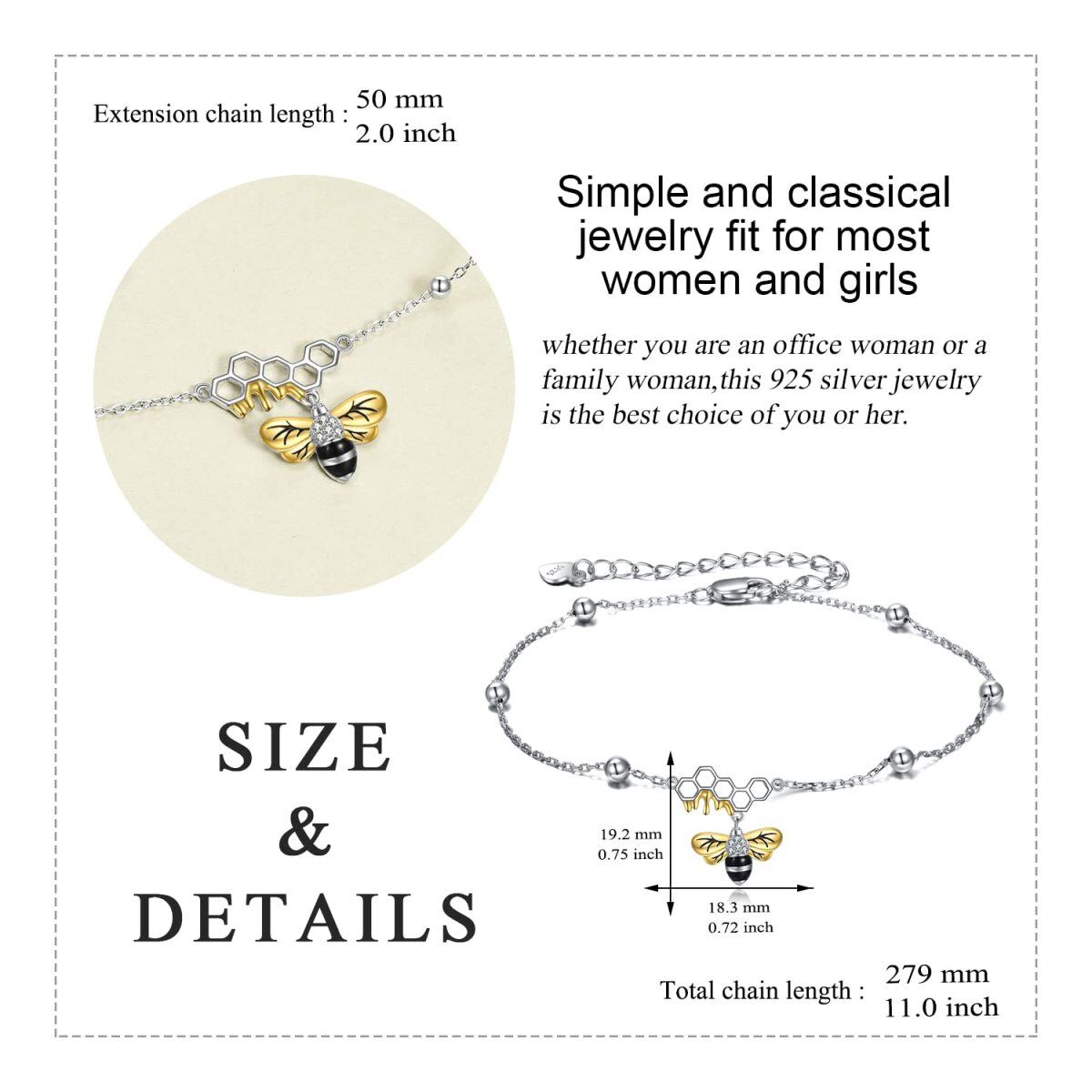 Sterling Silver Two-tone Cubic Zirconia Bee Single Layer Anklet-5