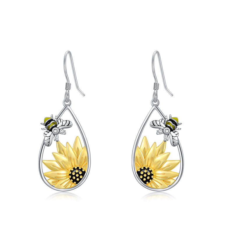 Orecchini pendenti in argento sterling con ape e girasole bicolore