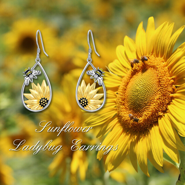 Sterling Silver Two-tone Bee & Sunflower Drop Earrings-3