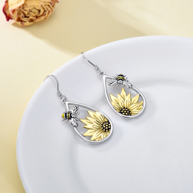 Pendants d'oreilles abeille et tournesol en argent sterling bicolore-4