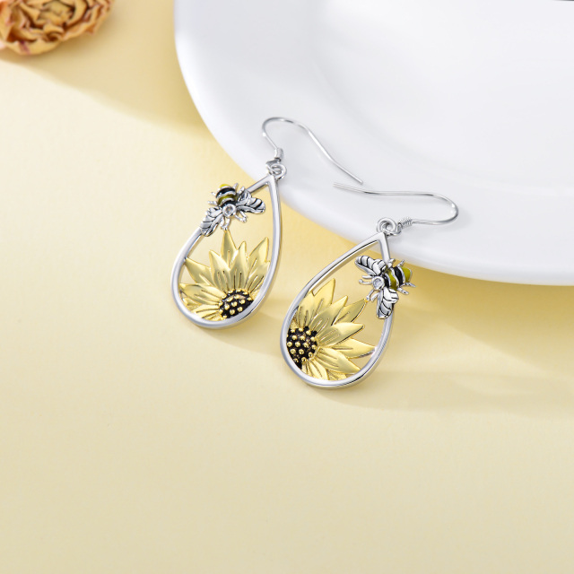 Sterling Silver Two-tone Bee & Sunflower Drop Earrings-5