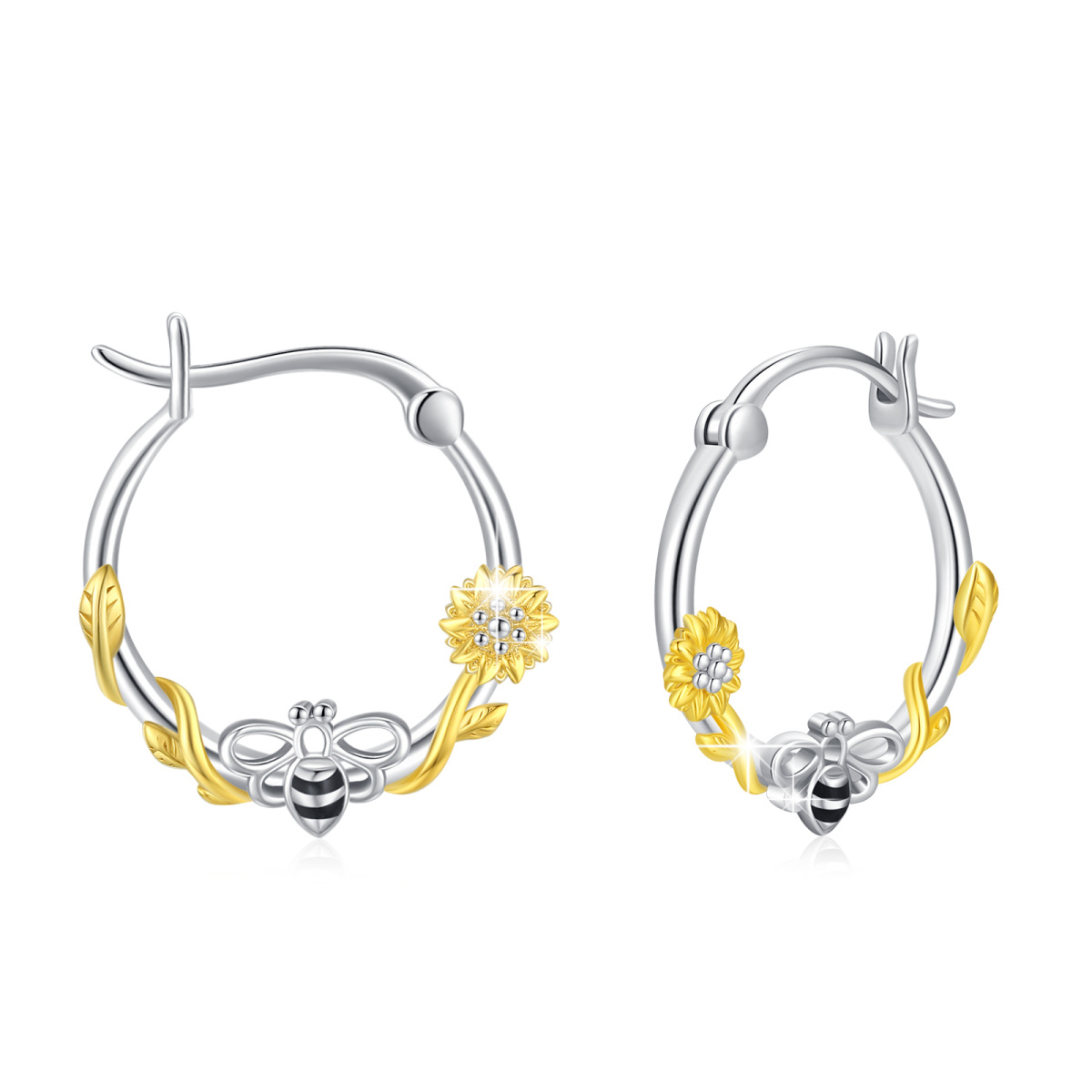 Sterling Silver Two-tone Bee & Sunflower Hoop Earrings-1