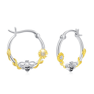 Sterling Silver Two-tone Bee & Sunflower Hoop Earrings-2