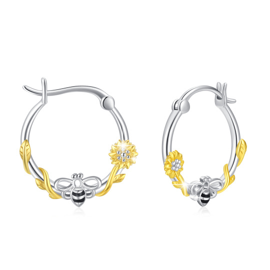 Sterling Silver Two-tone Bee & Sunflower Hoop Earrings