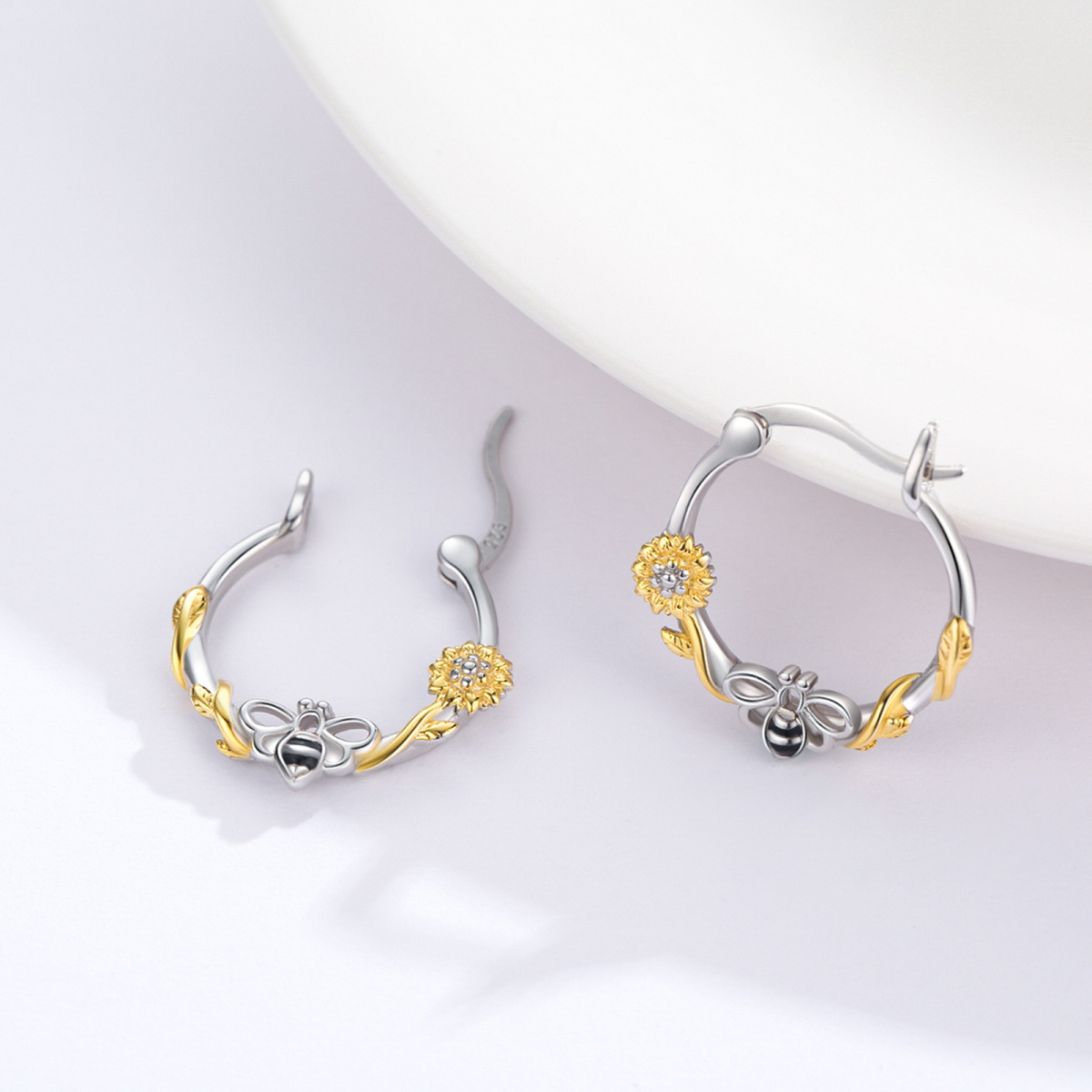 Sterling Silver Two-tone Bee & Sunflower Hoop Earrings-4