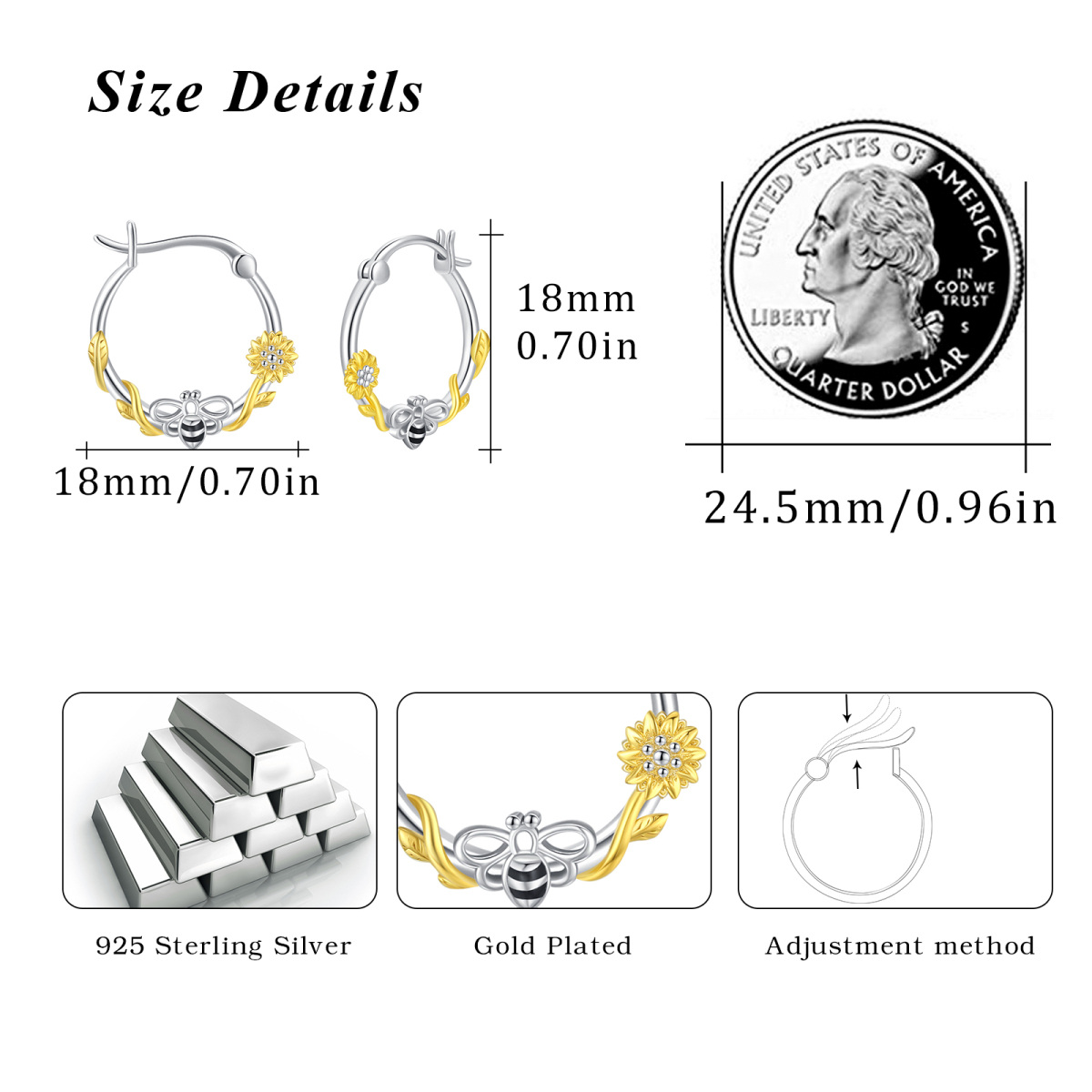 Boucles d'oreilles en argent sterling bicolores abeille et tournesol-5