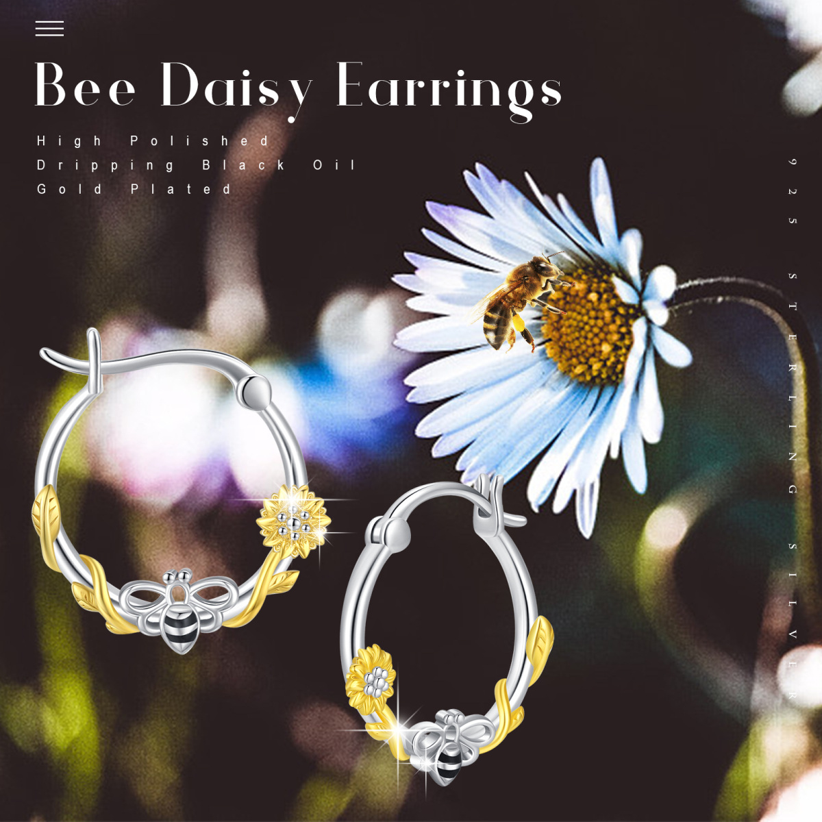 Boucles d'oreilles en argent sterling bicolores abeille et tournesol-6