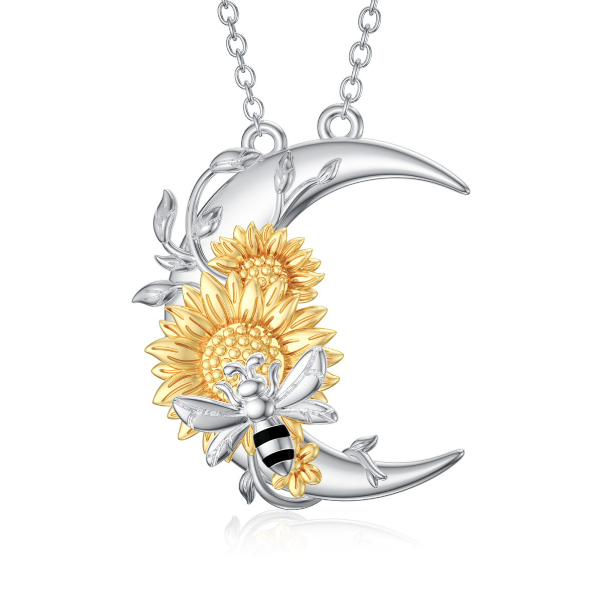 Sterling Silver Two-tone Bee & Sunflower & Moon Pendant Necklace-1