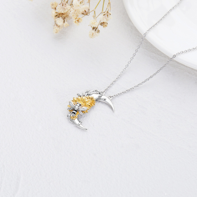 Sterling Silver Two-tone Bee & Sunflower & Moon Pendant Necklace-3