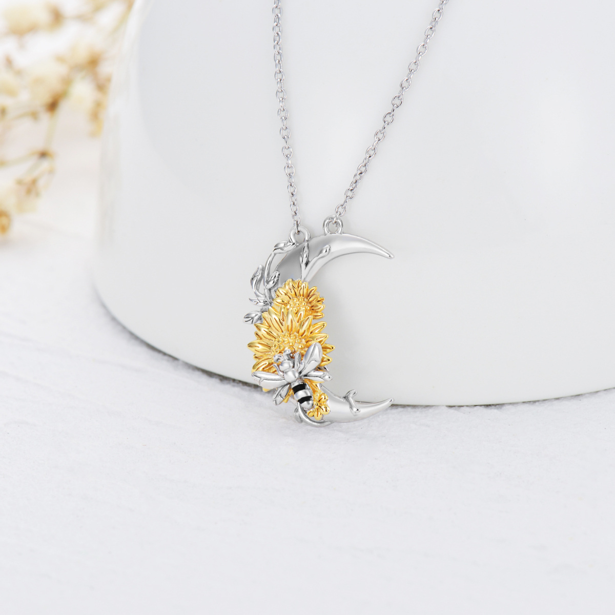 Sterling Silver Two-tone Bee & Sunflower & Moon Pendant Necklace-4