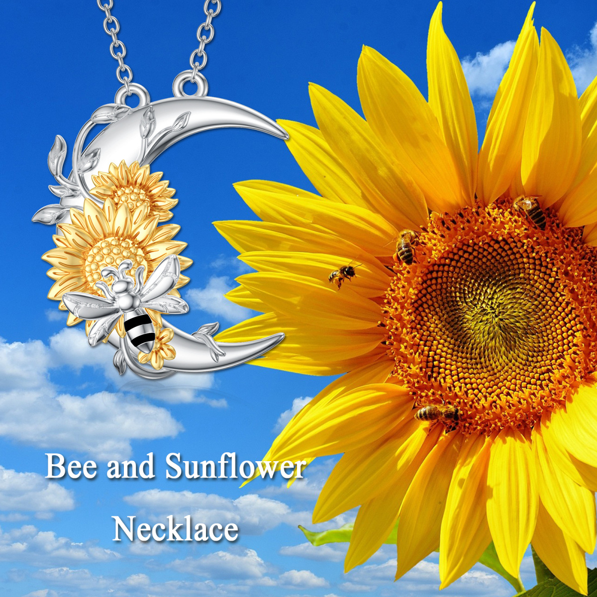 Collier en argent sterling avec pendentif abeille, tournesol et lune bicolores-6