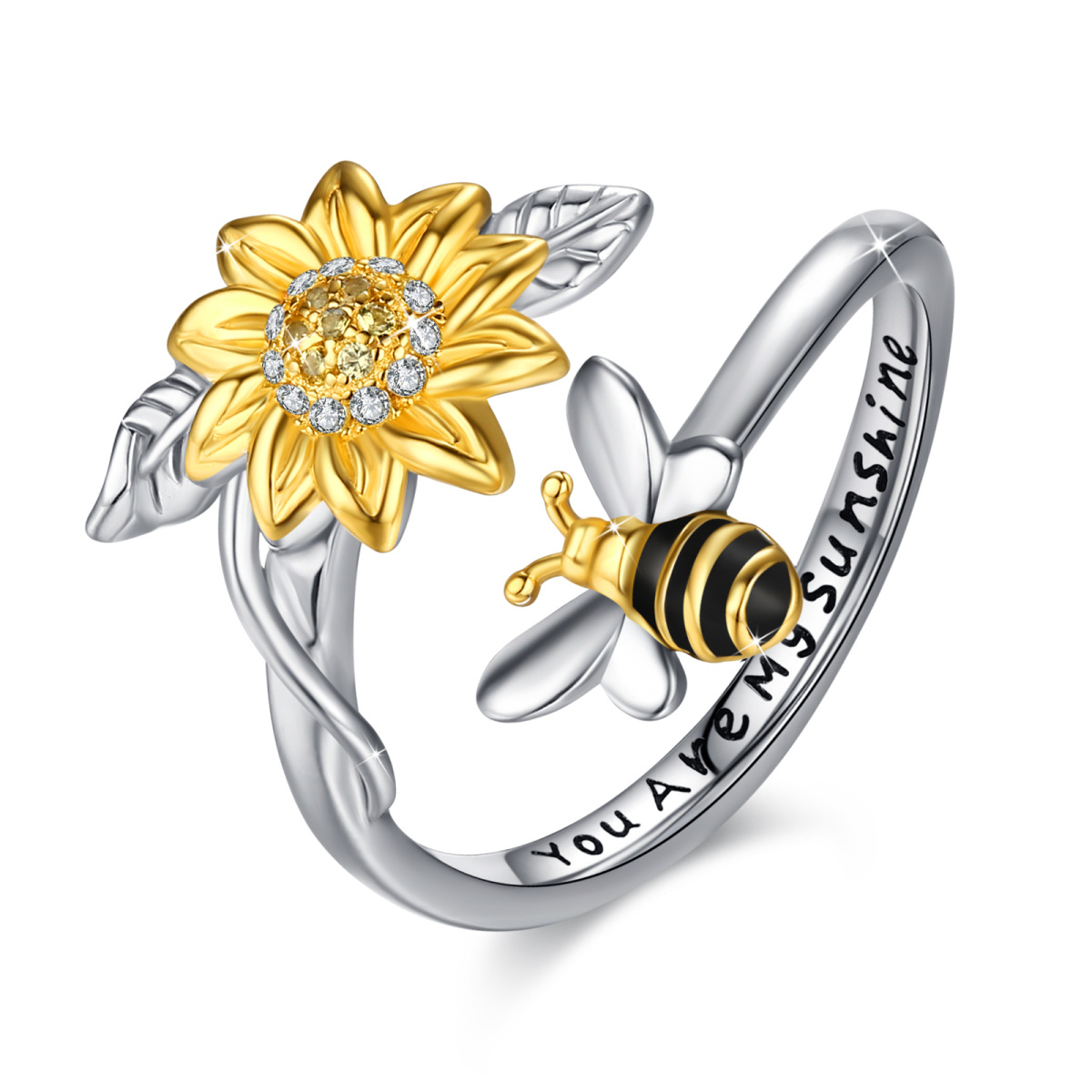 Bague ouverte en argent sterling avec oxyde de zirconium bicolore et tournesol « You Are My Sunshine »-1