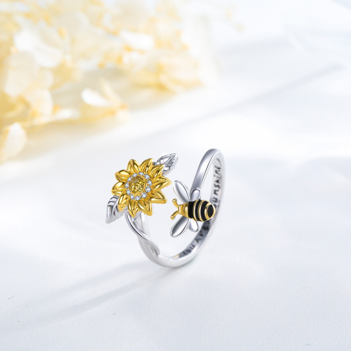 Zweifarbiger offener Ring aus Sterlingsilber mit Zirkonia, Biene und Sonnenblume „You Are My Sunshine“-5