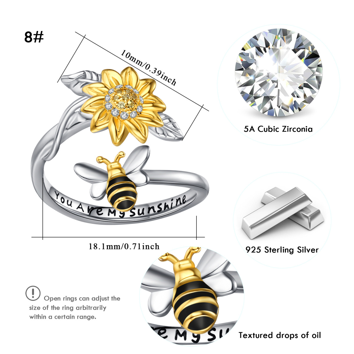 Zweifarbiger offener Ring aus Sterlingsilber mit Zirkonia, Biene und Sonnenblume „You Are My Sunshine“-6