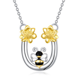 Sterling Silver Two-tone Bee & Sunflower Pendant Necklace-18