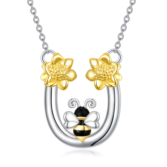 Collar de plata de ley con colgante de abeja y girasol en dos tonos