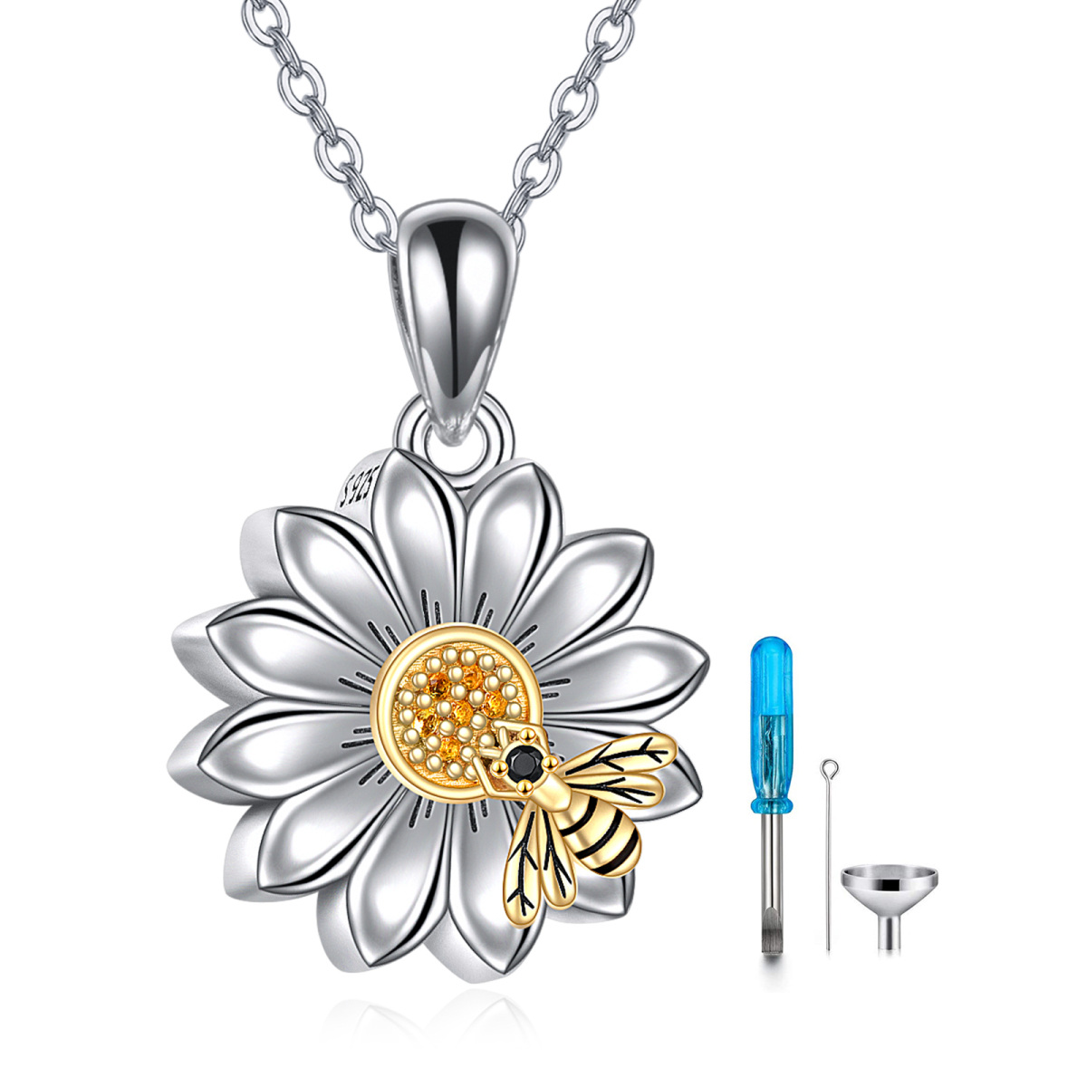 Collar de plata de ley con dos tonos de circonitas cúbicas Abeja y Girasol para cenizas co-1