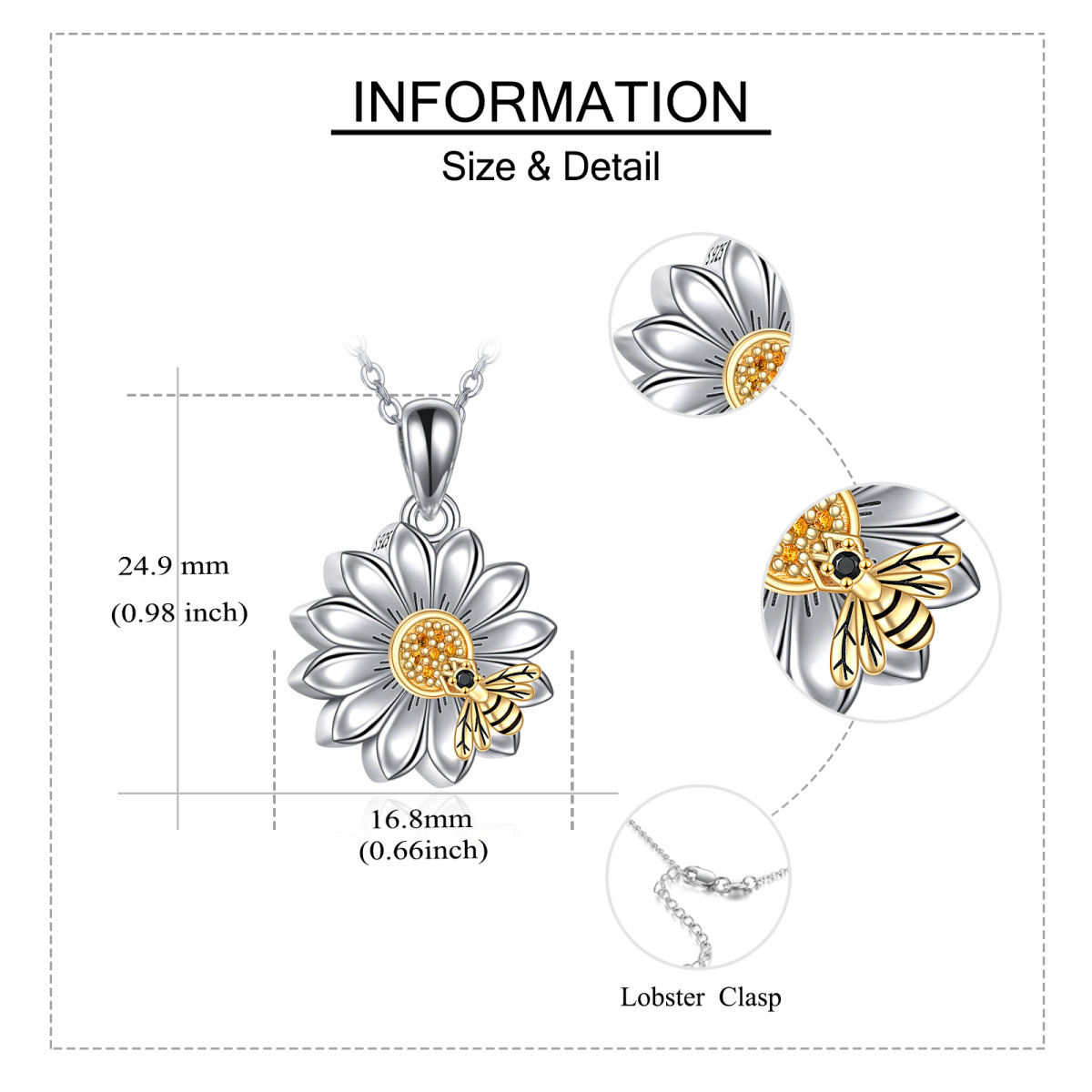 Collar de plata de ley con dos tonos de circonitas cúbicas Abeja y Girasol para cenizas co-6