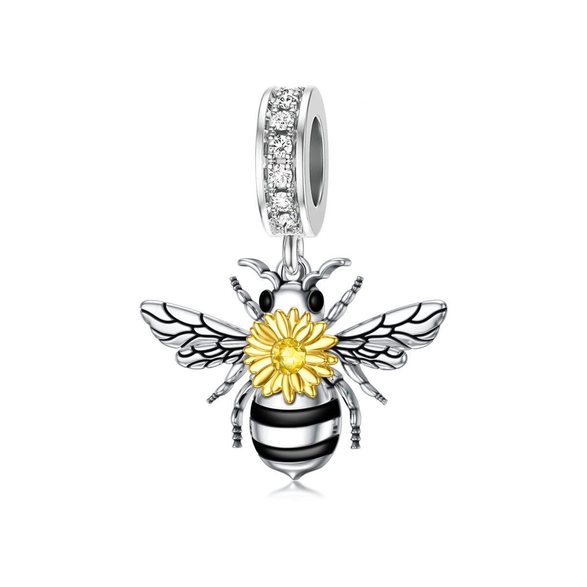 Sterling Silver Two-tone Cubic Zirconia Bees Pendant Charms-1