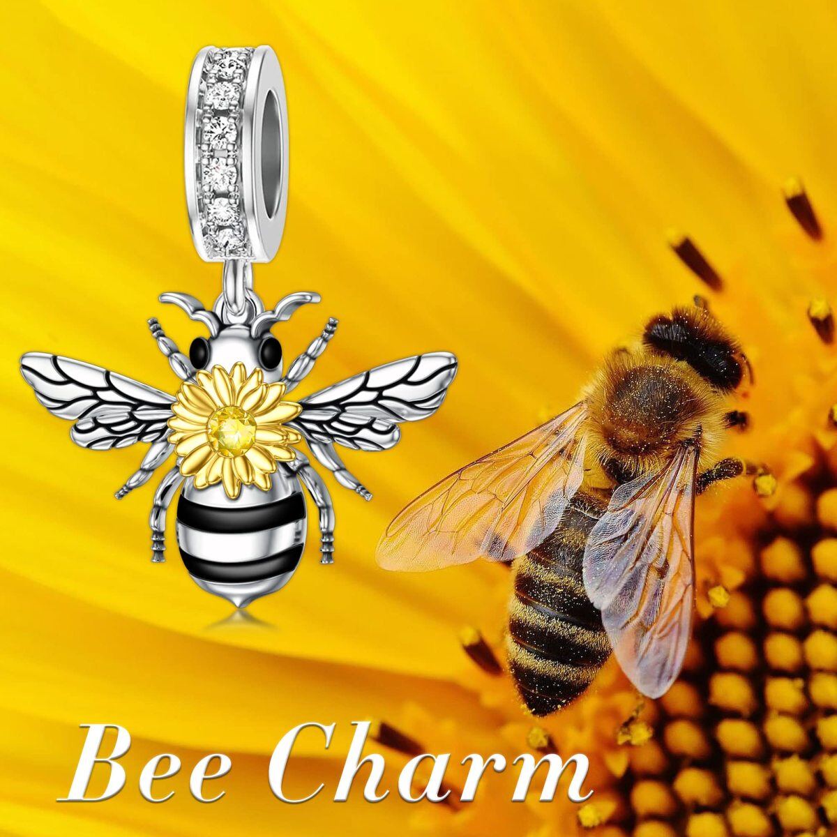 Sterling Silver Two-tone Cubic Zirconia Bees Pendant Charms-5