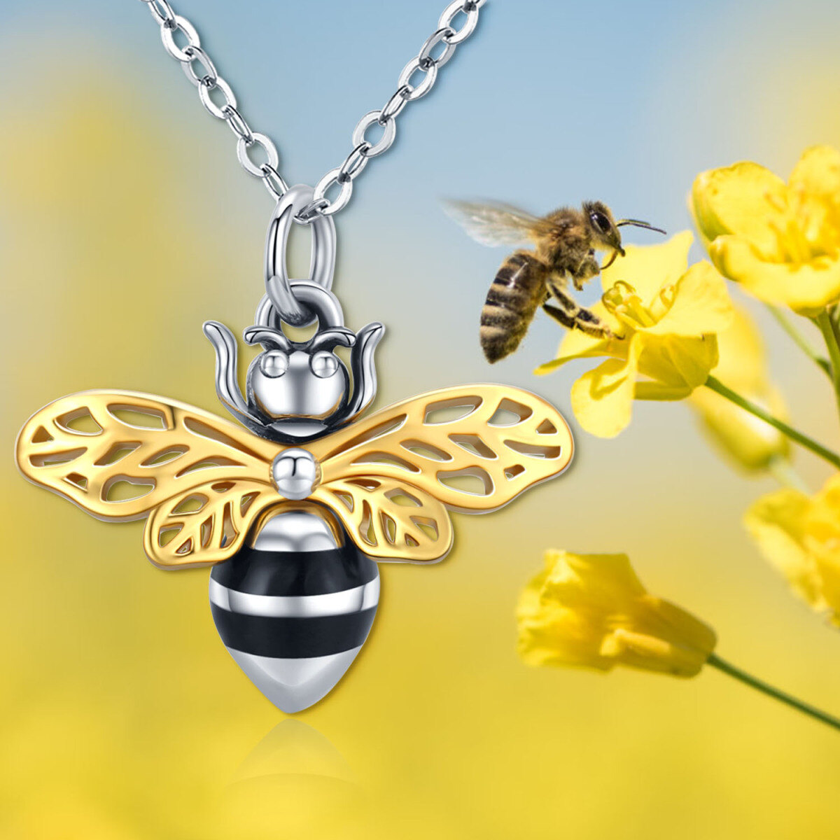 Sterling Silver Two-tone Bees Urn Necklace for Ashes-5