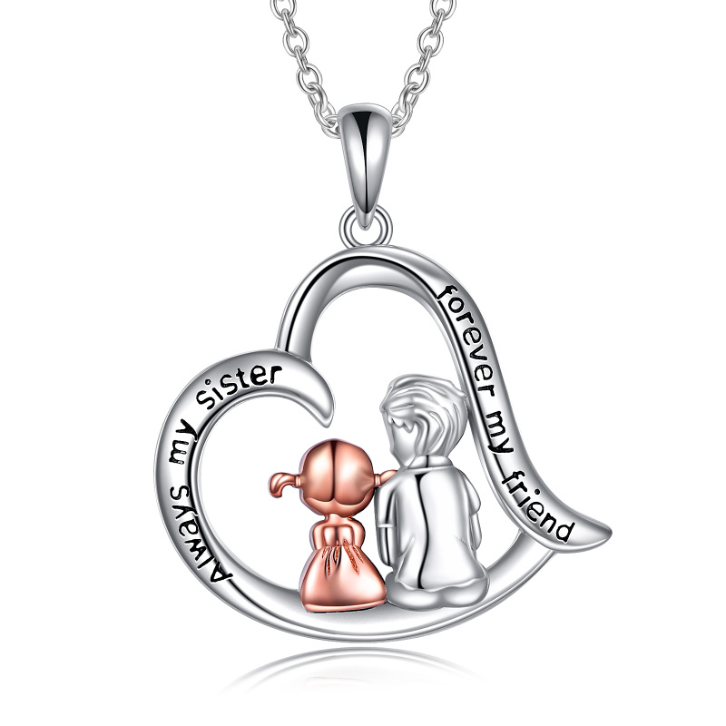 Sterling Silver Two-tone Best Sisters & Heart Pendant Necklace with Engraved Word-9