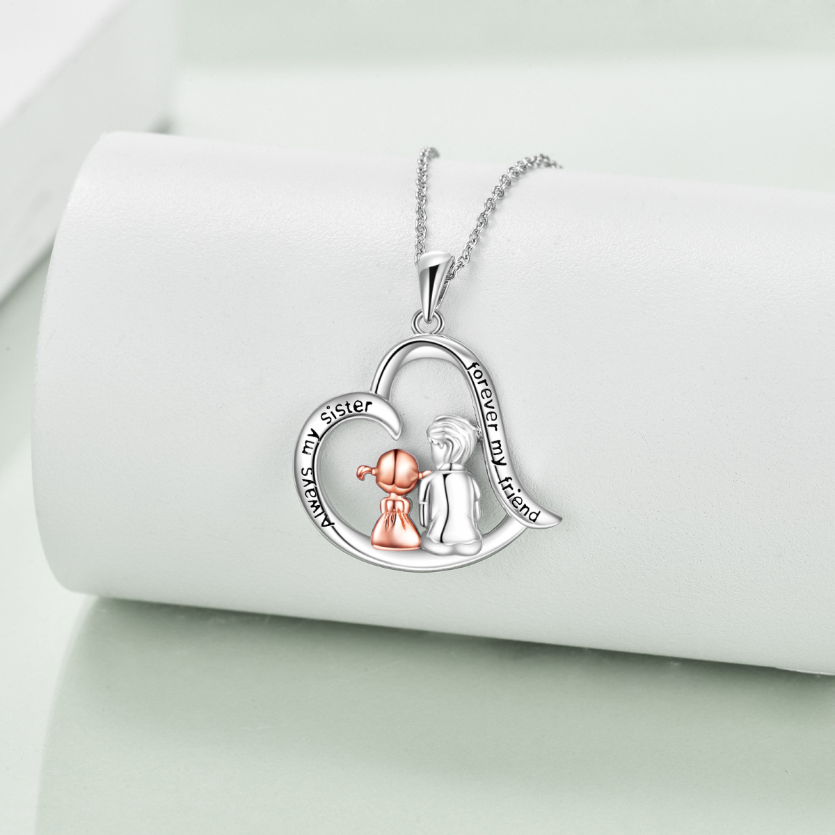 Collana bicolore in argento Sterling con ciondolo Best Sisters e cuore con parola incisa-4