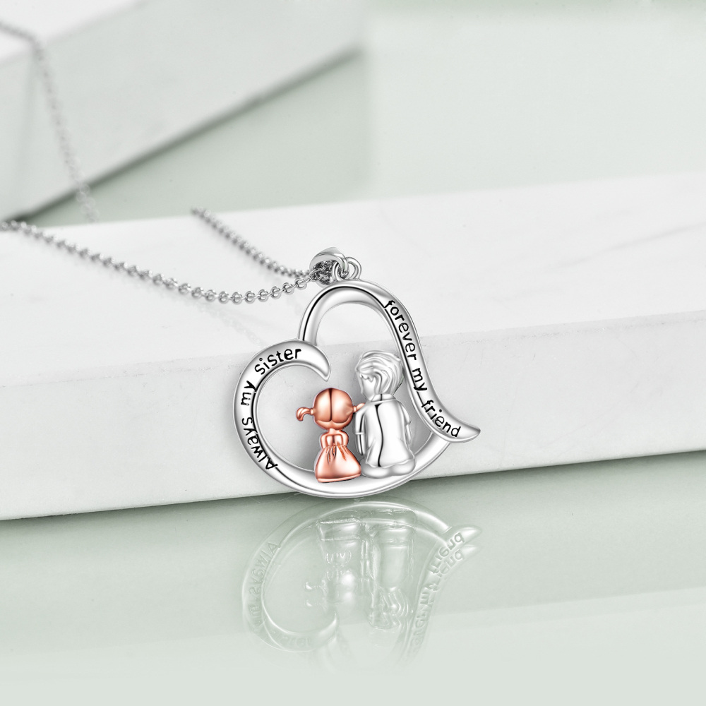 Sterling Silver Two-tone Best Sisters & Heart Pendant Necklace with Engraved Word-5