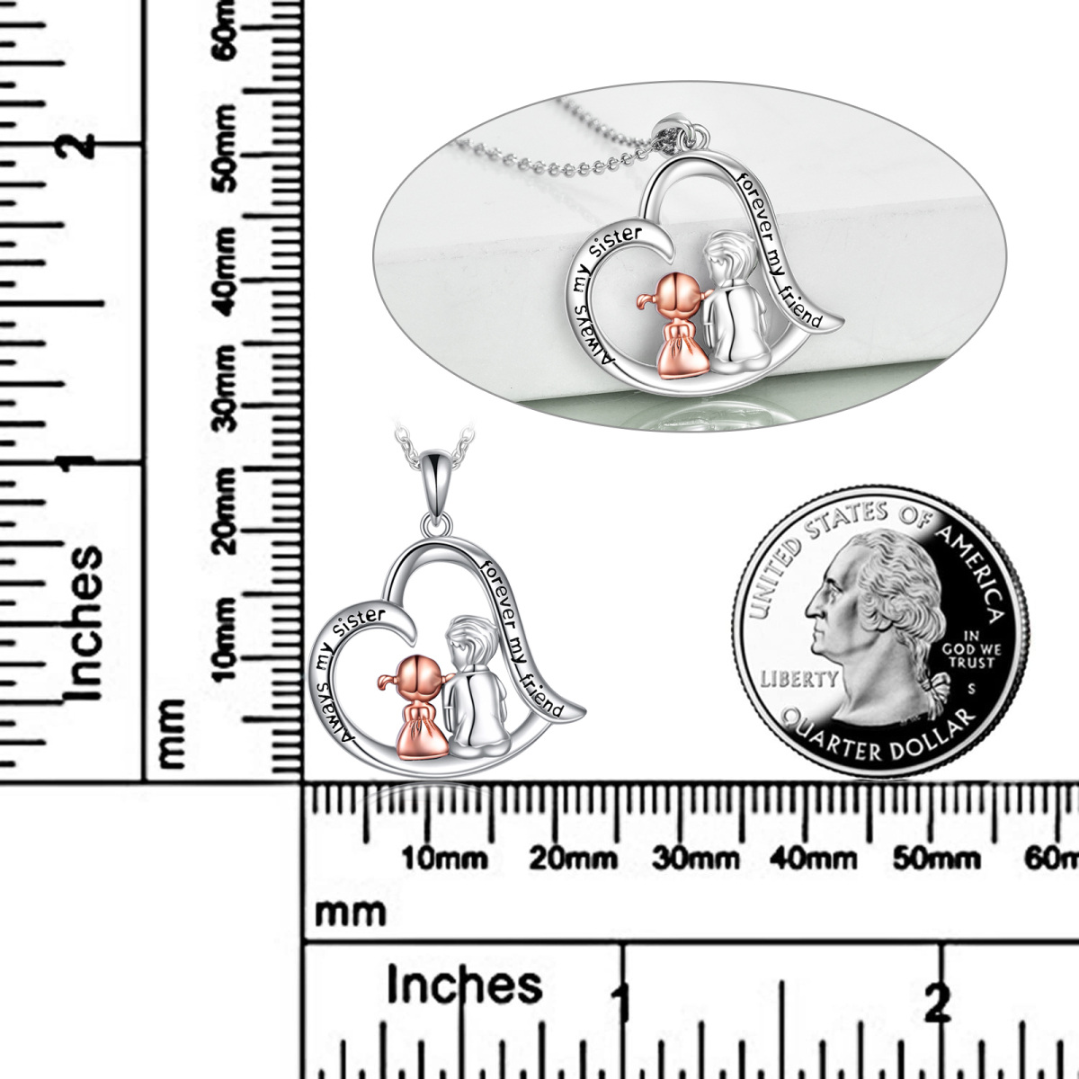 Sterling Silber zweifarbig beste Schwestern & Herz Anhänger Halskette mit eingraviertem Wort-6