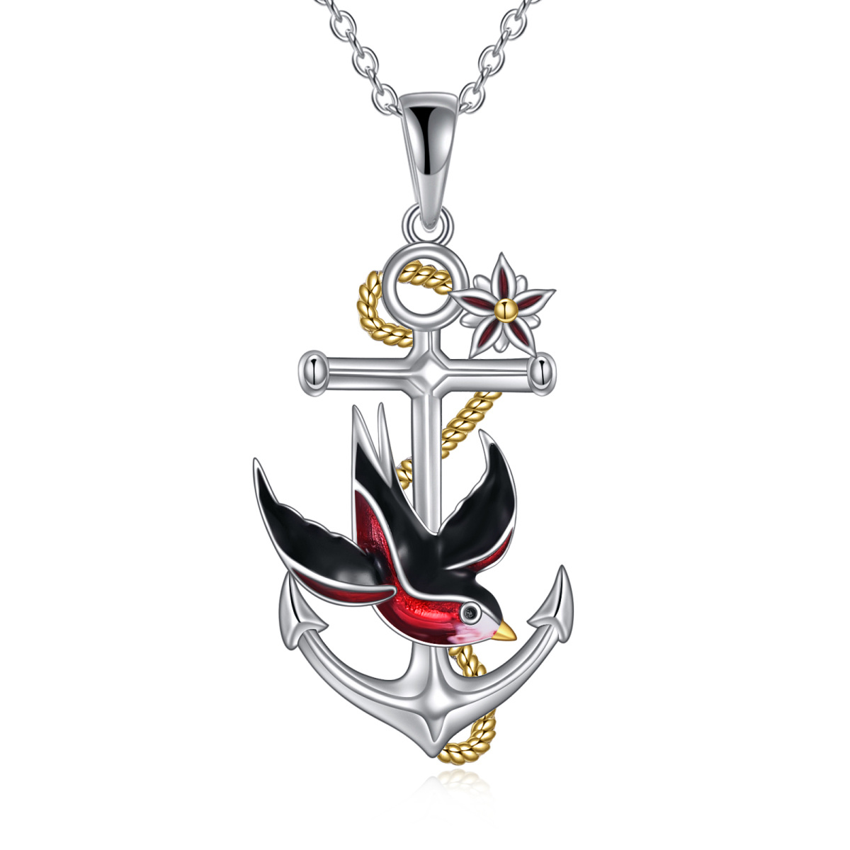 Collier en argent sterling avec pendentif oiseau et ancre bicolore-1