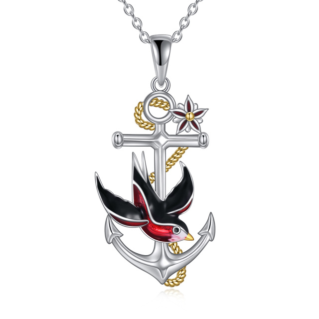 Sterling Silver Two-tone Bird & Anchor Pendant Necklace-1