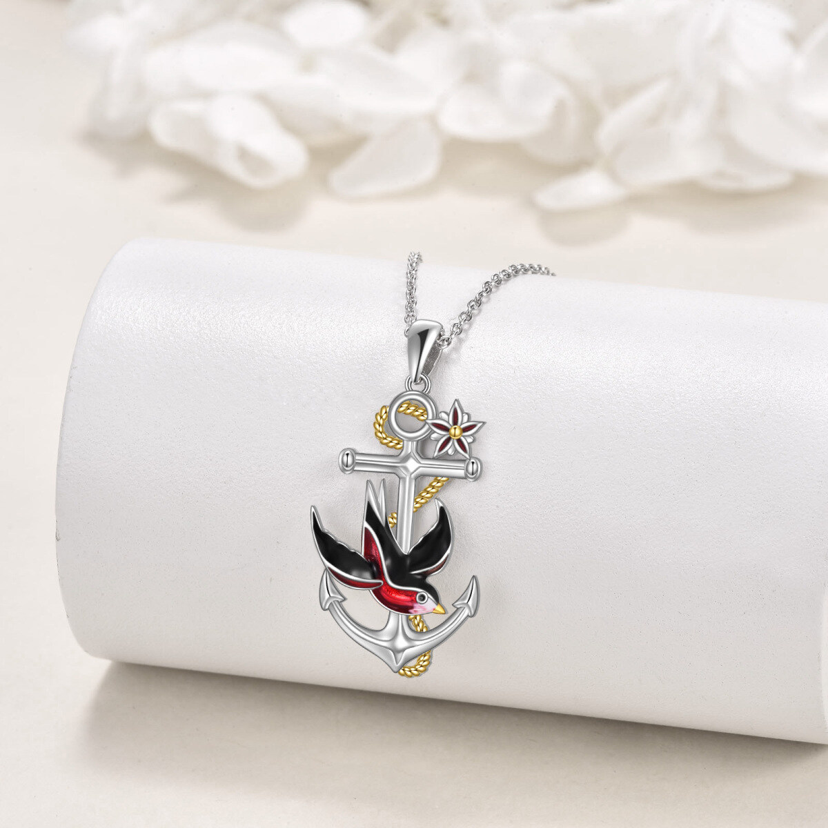 Sterling Silver Two-tone Bird & Anchor Pendant Necklace-3