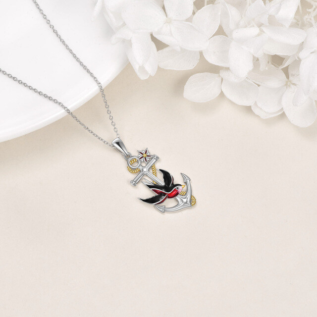 Sterling Silver Two-tone Bird & Anchor Pendant Necklace-4