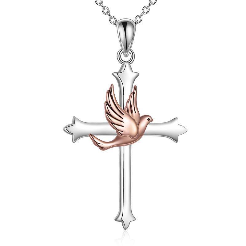 Collana con ciondolo a forma di uccello e croce in argento sterling bicolore-1