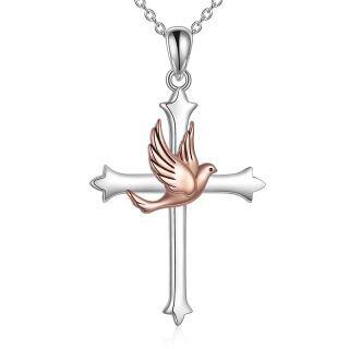 Sterling Silver Two-tone Bird & Cross Pendant Necklace-51