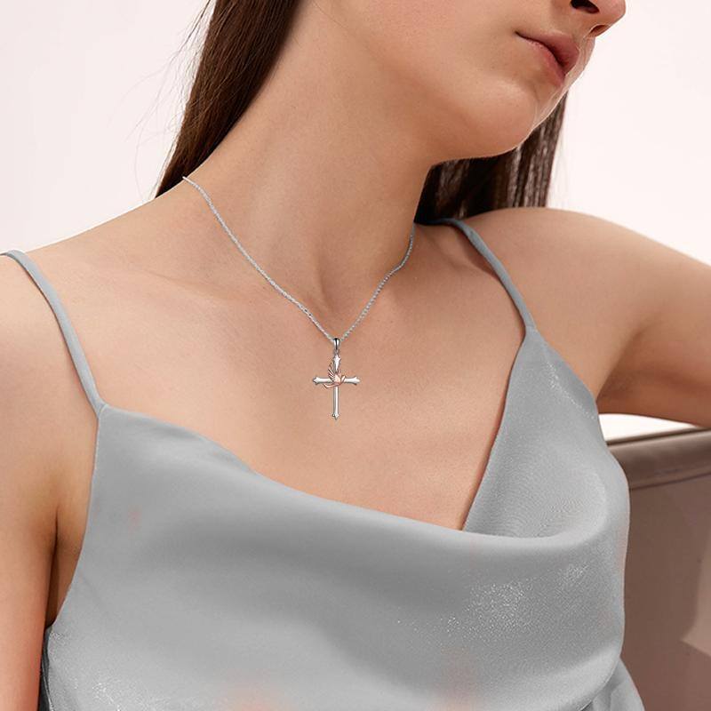 Collier en argent sterling avec pendentif oiseau et croix bicolore-2