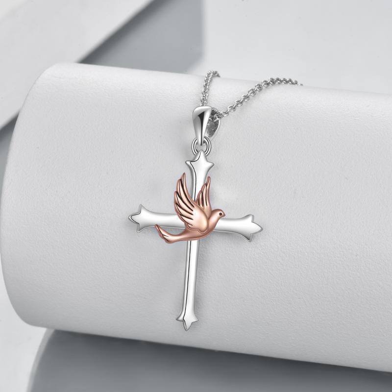 Sterling Silver Two-tone Bird & Cross Pendant Necklace-3