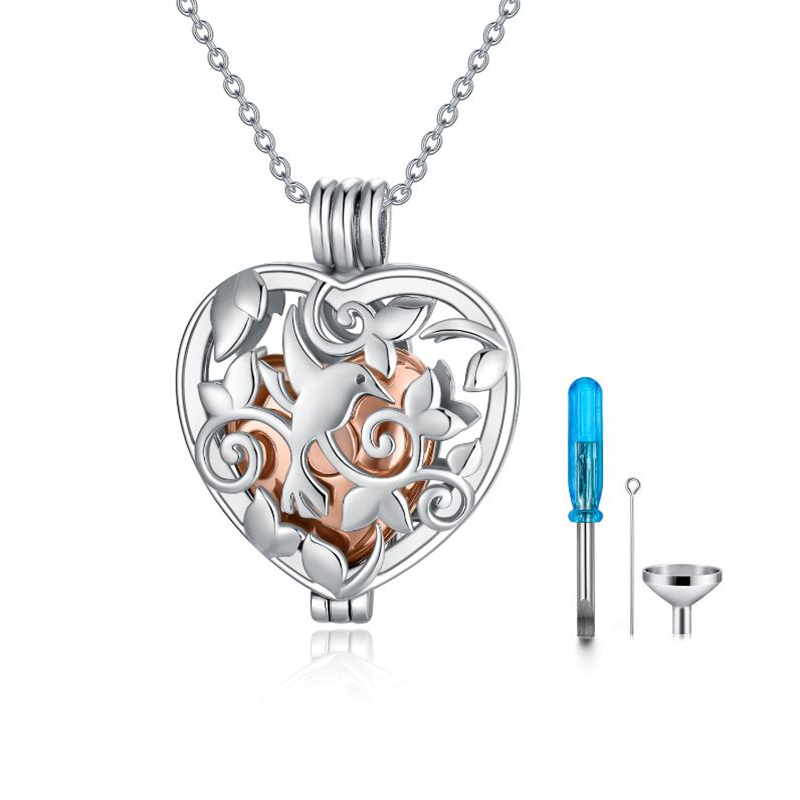 Sterling Silver Two-tone Bird & Heart Urn Necklace for Ashes-5