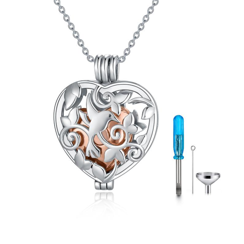 Sterling Silver Two-tone Bird & Heart Urn Necklace for Ashes-19