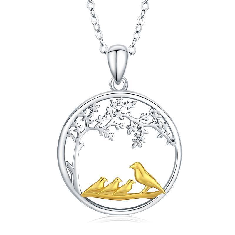 Collier pendentif arbre de vie oiseau bicolore en argent sterling-1