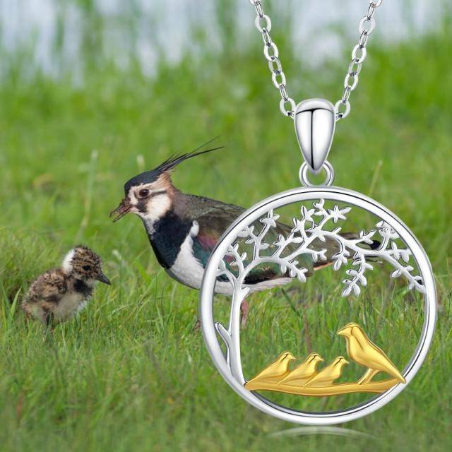 Sterling zilveren tweekleurige vogel & levensboom hanger ketting-3