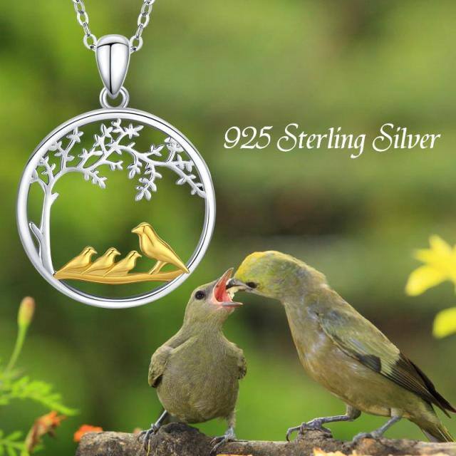 Sterling zilveren tweekleurige vogel & levensboom hanger ketting-5