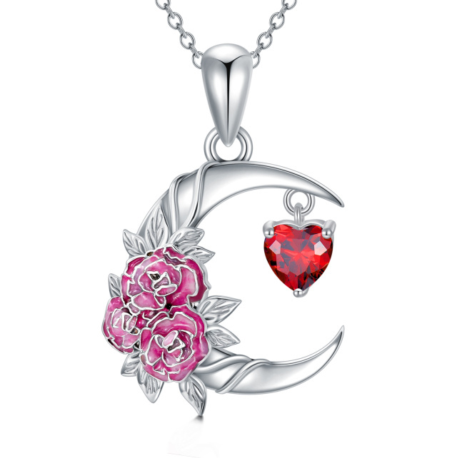 Sterling Silver Two-tone Cubic Zirconia Birth Flower & Carnation & Moon Pendant Necklace-2